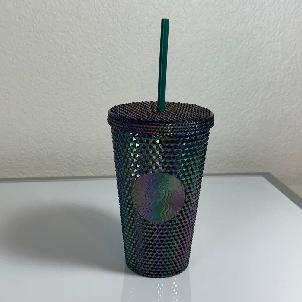 Starbucks Iridescent Cold Cup Studded‎ Tumbler 16 oz Green Straw SKU 011145235